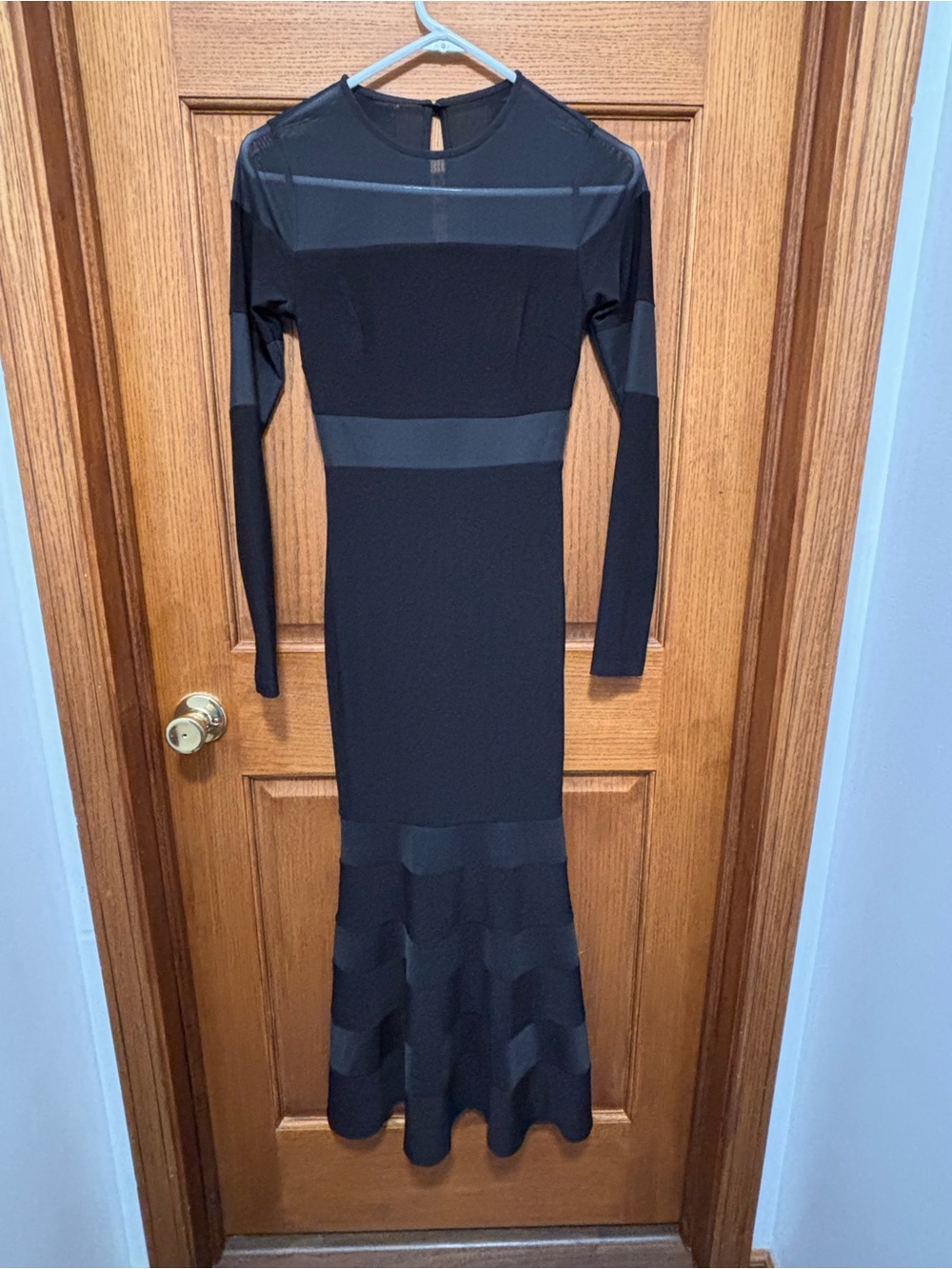 Black Long Sleeve Mesh-Inset Maxi Dress - Elegant Evening Wear